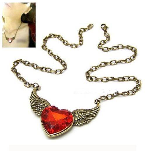 Vintage Style Bronze Chain Angel Wing Red Heart Necklace Pendant