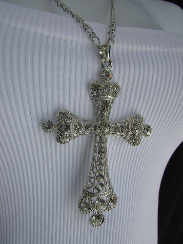 Long Silver/Gunmetal CLEAR Rhinestone Cross Necklace