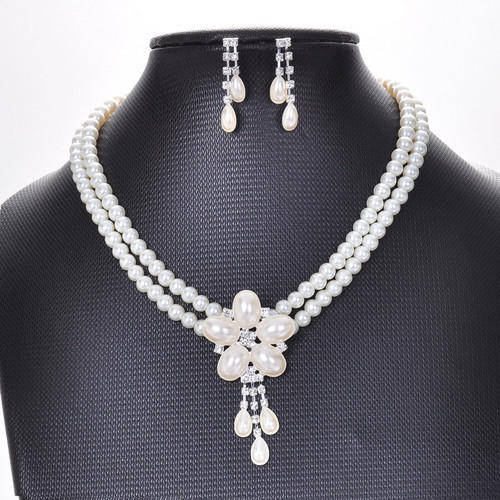 Wedding Bridal Pageant Chunky Imitate Pearl crystal necklace earring Jewelry set