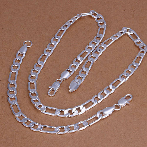 2 YEAR GUARANTEE!!GORGEOUS 8MM SILVER FIGARO NECKLACE 60cm and BRACELET SET