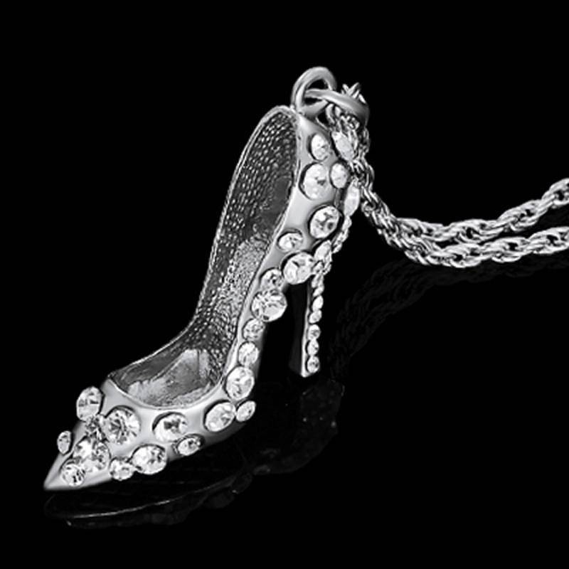 SILVER PLATED HIGH HEEL SHOE RHINESTONES CRYSTAL PENDANT NECKLACE CHAIN
