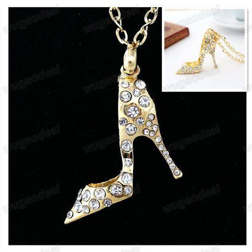 GOLD TONE HIGH HEEL SHOE RHINESTONES CRYSTAL PENDANT NECKLACE CHAIN