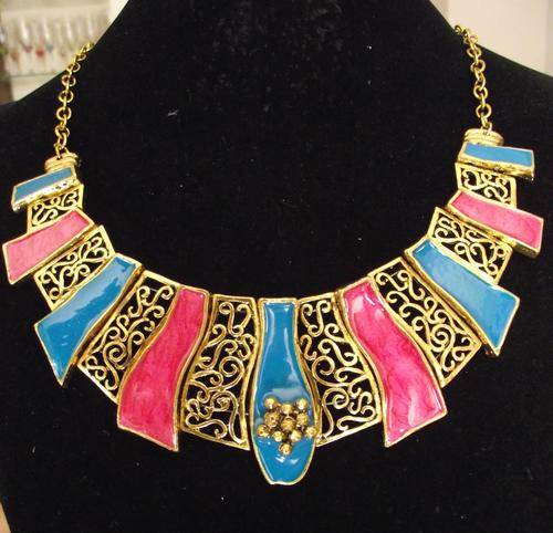 Stunning!!! Vintage Multi-color Enameled Gold Coated Necklace