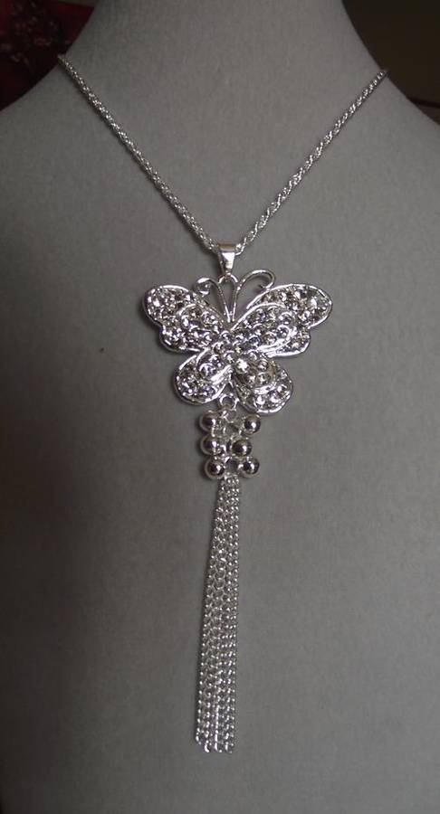 SilverTone Dangle Crystal Butterfly Pendant Necklace
