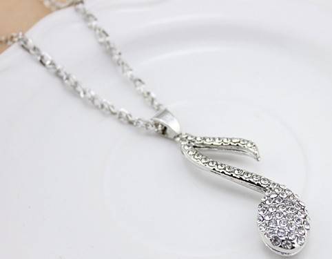 Lovely Silver Plated Crystal Music Note Long Necklace Pendant