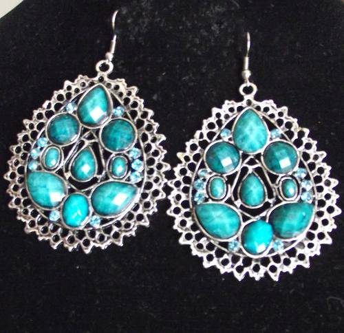 Gorgeous Tibet Silver Turquoise Faceted Stone oval Dangle Earrings (Lead Free)