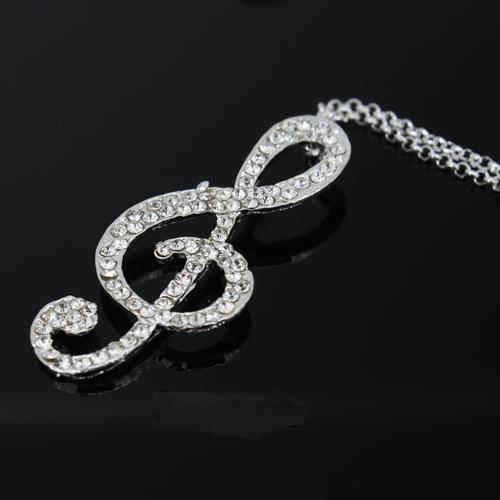Lovely Silver Plated Crystal Music Note Long Pendant Necklace