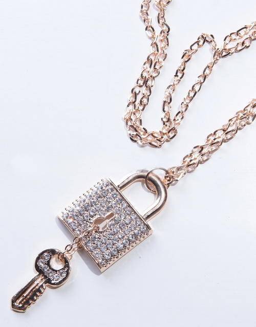 Silver Long Chain Diamante Lock & Key Pendant Necklace