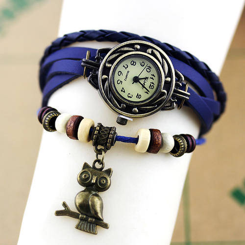 Blue Women's Vintage Style Bracelet Quartz Wrist Watch With Owl Pendant