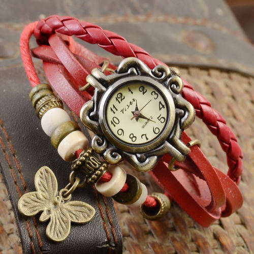 RED Round/Square Butterfly Retro Women Leather Band  Quartz Bracelet  Watch