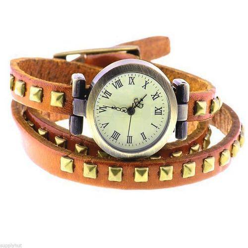 TAN Retro Women Leather Band ROUND Rivet Wrap Around Quartz Bracelet  Watch 12:hour not Roman
