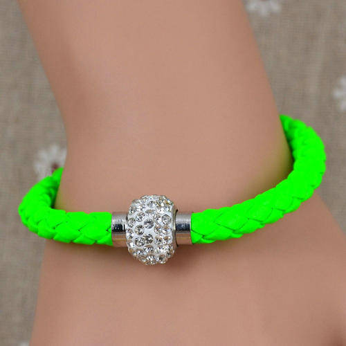 Neon Green Leather Wrap Wristband Cuff Punk Magnetic Rhinestone Buckle Bracelet Bangle