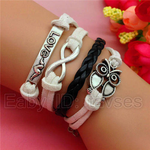 Black White Infinity LOVE OWL Leather Cute Bracelet