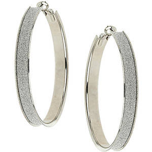 SILVER TONE OVAL MICRO GLITTER HOOP EARRINGS