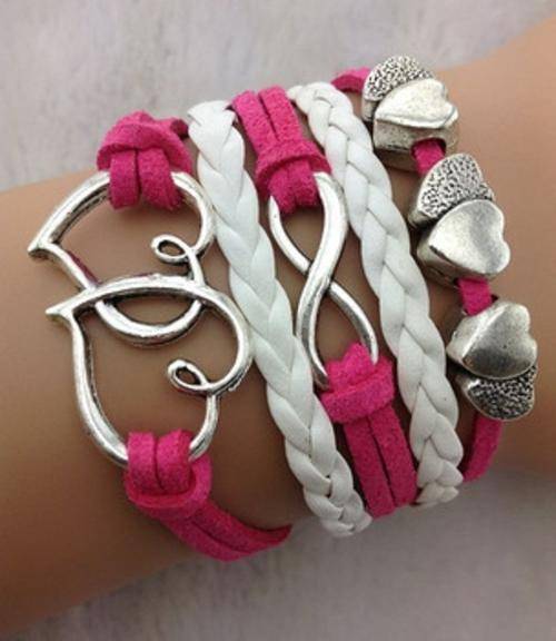 PINK and White Infinity Heart Love Charm Bracelet