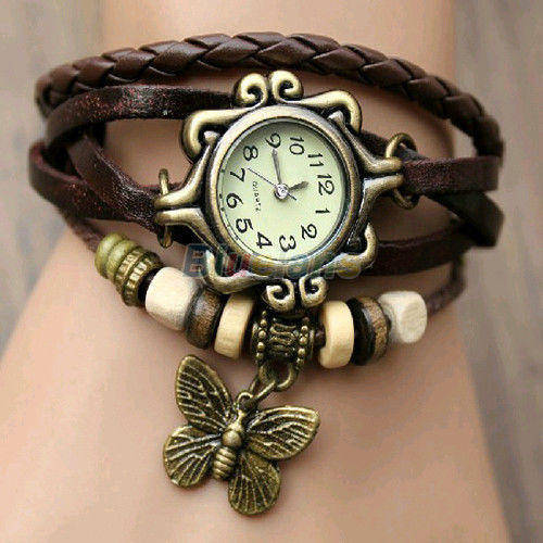 Hot Stunning BROWN Women Retro Leather Bracelet Butterfly Quartz Wrist Watch