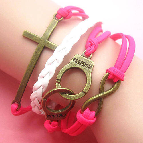 Infinity Pink & White Cuffs Cross Braided leather Bracelet (Free Gift Box)