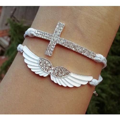 White Infinity Crystal Cross Wings Charm Bracelet