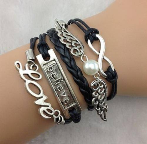 Black Love Believe Pearl Infinity Charm Bracelet in Silver