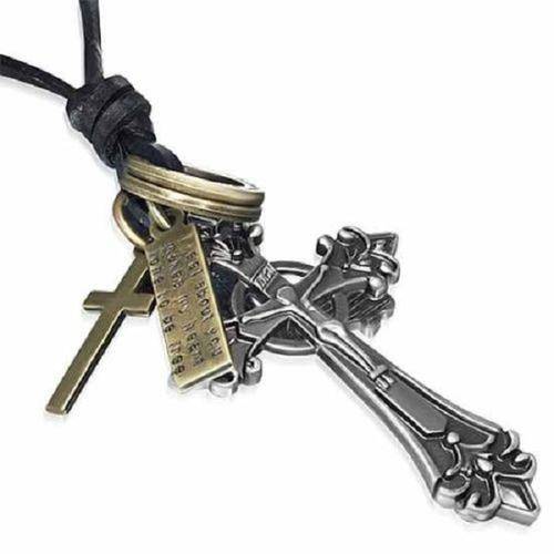 URBAN MALE STAINLESS STEEL CROSS PENDANT & BROWN LEATHER CORD NECKLACE FOR MEN