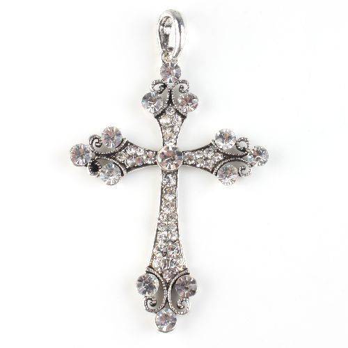 Antique Silver Charms Rhinestone Cross Pendant and Chain Necklace