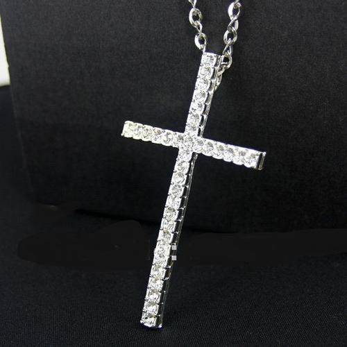 Lovely Silver Tone Rhinestone Crystal Cross Pendant Necklace