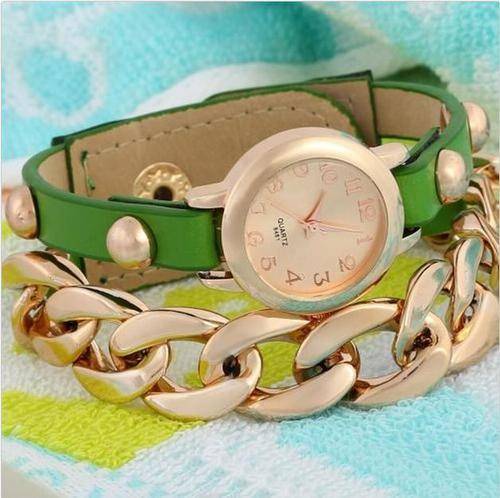 Punk  Gold GREEN leather acrylic chain Watch