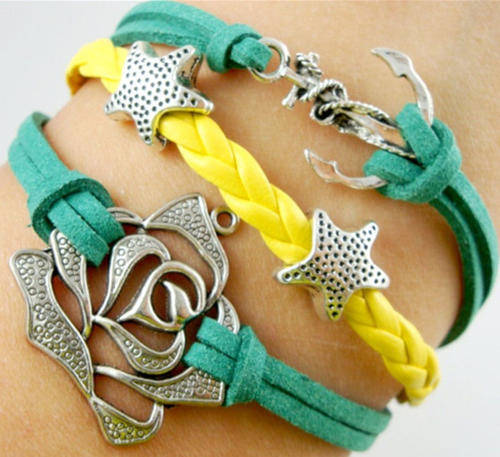 Infinity Green/Yellow Rose Anchor Braided leather Bracelet