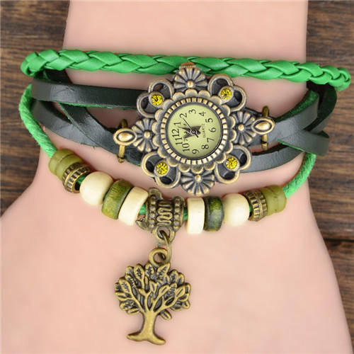 GREEN High Quality GENUINE Leather Vintage Bracelet  Tree Of Life Pendant Wristwatch