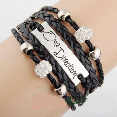 BLACK Super Star 1D One Direction Crystal Shamballa Beads Leather Bracelet