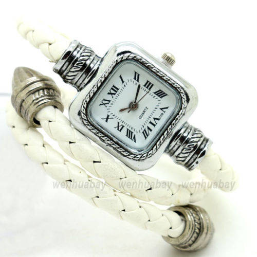 New Square Dial Weave WRAP Around Leather Bracelet Lady Woman Quartz Wrist Watch WHITE