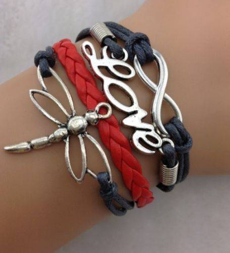 RED/BLACK Dragonfly Love infinity Charm Bracelet