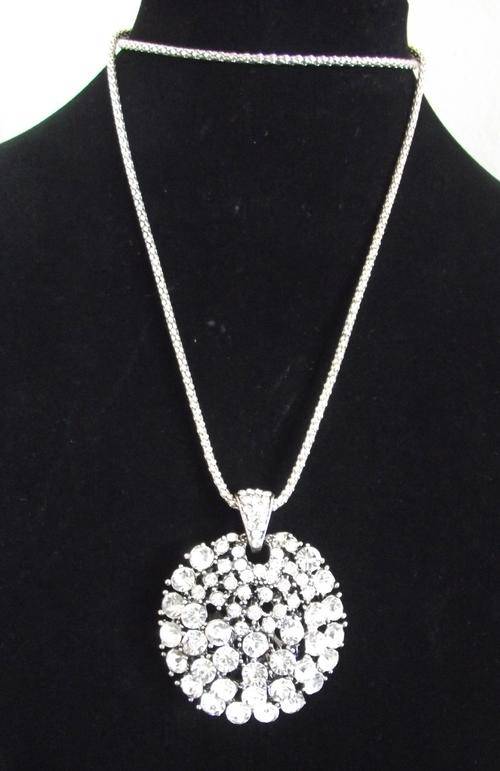 Round Silver Tone Rhinestone Pendant Necklace