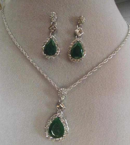Silver Tone Faux Emerald Pendant Necklace & Earrings Set