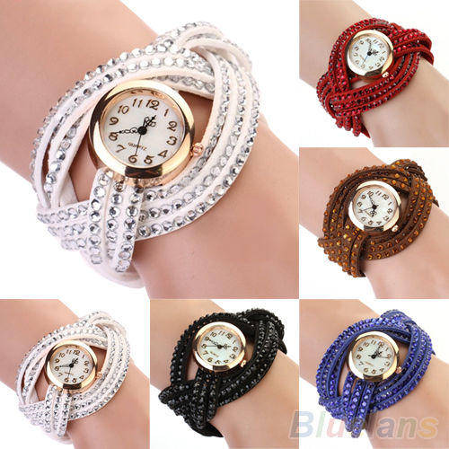 LADY STYLISH DIAL CRYSTAL KNITTED LEATHER BRACELET QUARTZ ANALOG CUFF WRIST (5 COLORS) Free Gift Box