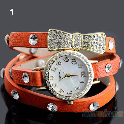 ORANGE  Vogue Women's Crystal Bracelet Bow Leather Strap Chain Quartz Wrist Watch