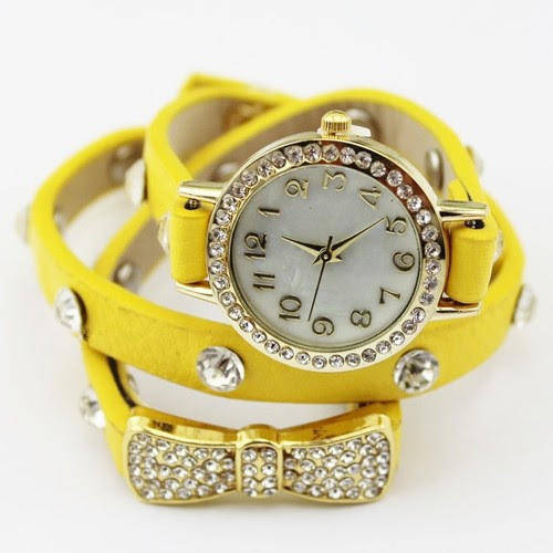 YELLOW Vogue Women's Crystal Bracelet Bow Leather Strap Chain Quartz Wrist Watch