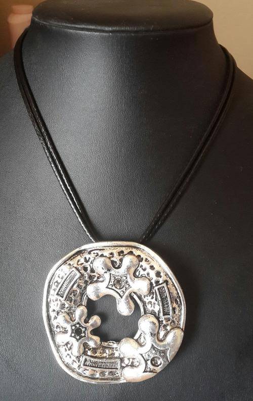 Large Round Tibetan Silver Pendant Waxcord Necklace