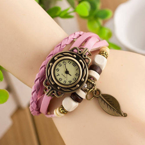 LIGHT PINK  Women Leather Band  Quartz Leaf Charm Bracelet  Watch (Read description)