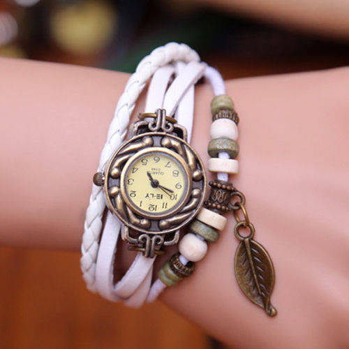 WHITE  Women Leather Band  Quartz Leaf Charm Bracelet  Watch (Read description)