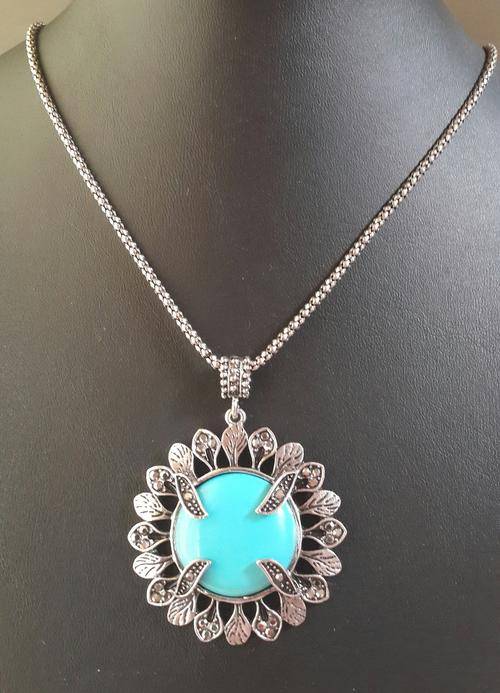 Tibetan Silver Round Resin Turquoise Pendant Necklace