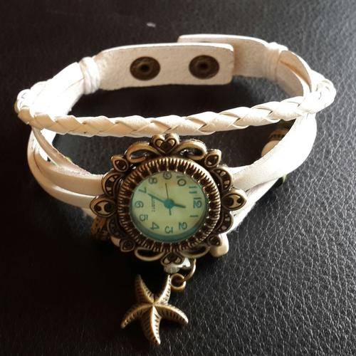 High Quality GENUINE WHITE Leather Vintage Bracelet  Seastar Pendant Wristwatch