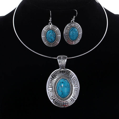 Turquoise Choker Necklace and Earrings Set (Free Gift Box)