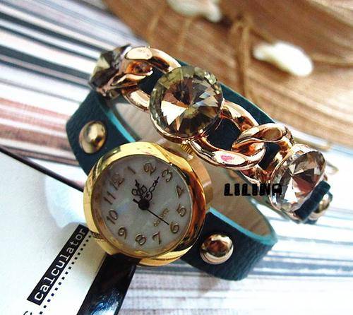 Retro golden punk style BLUE belt  Women fashion watch