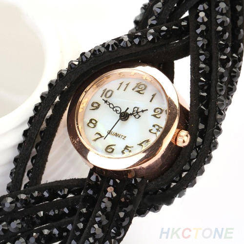 BLACK Lady Stylish Crystal Knitted Leather Bracelet Quarts  Cuff  Watch