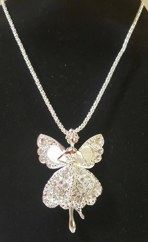 Gold Tone Crystal & Opal Dancing Fairy Sweater Pendant Necklace (Free Gift Box)