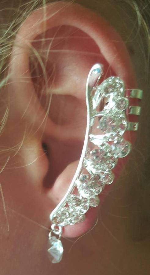 Silver CLEAR WHITE Rhinestones Cartilage Earrings Wrap Clip Left Ear Cuff Piercing    (1 earring)