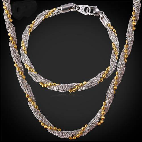 316L Stamped Stainless Steel Two-tone Gold Filled Rope Chain Necklace & Bracelet Set (Free Gift Box)