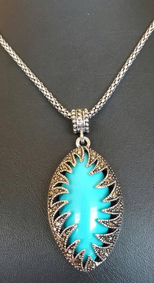 Retro Turquoise Marcuisite & Resin Gemstone Marquise Pendant Necklace