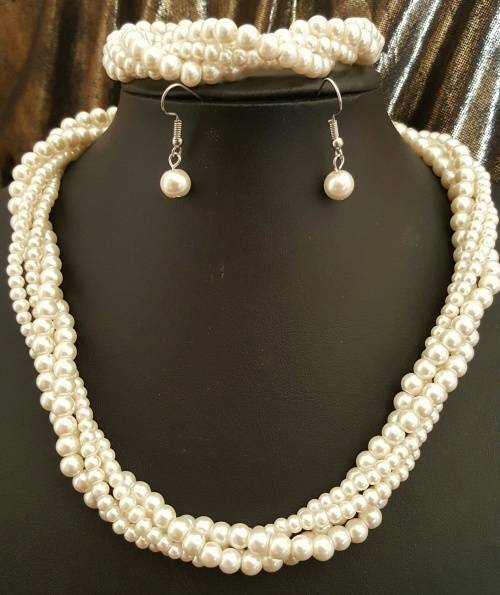 Stunning Twisted Pearls Bracelet,  Necklace & Earrings Set